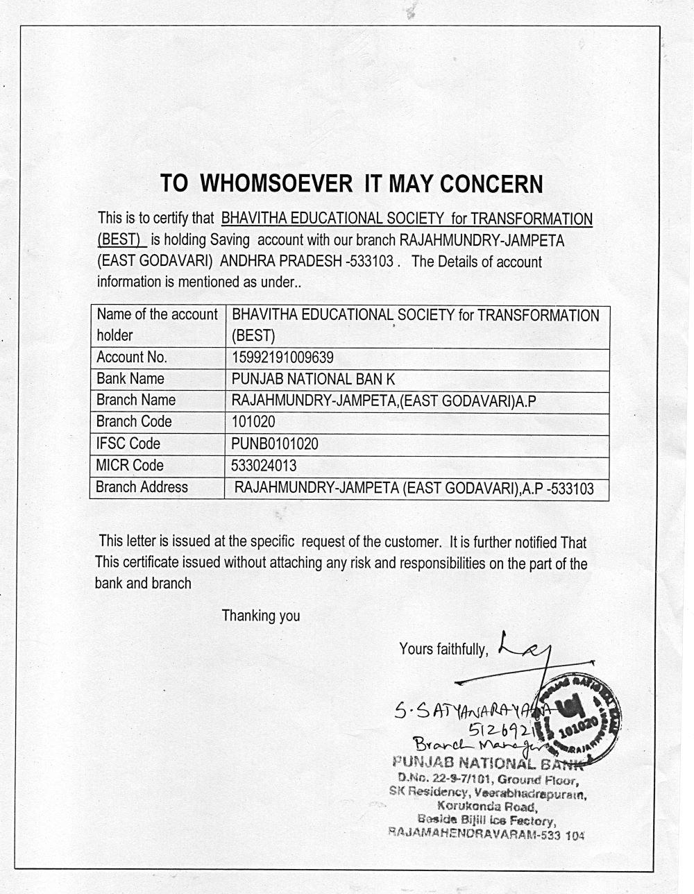 Bhavitha Educational Society bank details document